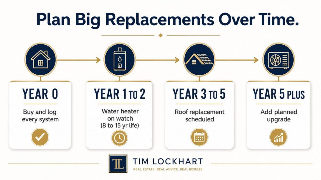Timeline for planning rental property roof, water heater, and HVAC replacements over several years