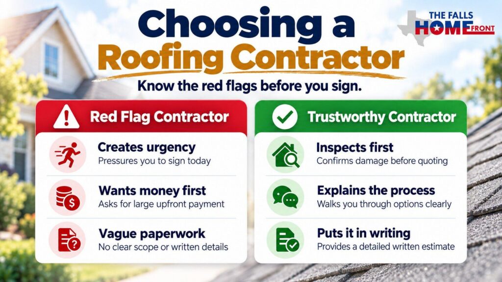Comparison chart of red flag versus trustworthy roofing contractor behaviors