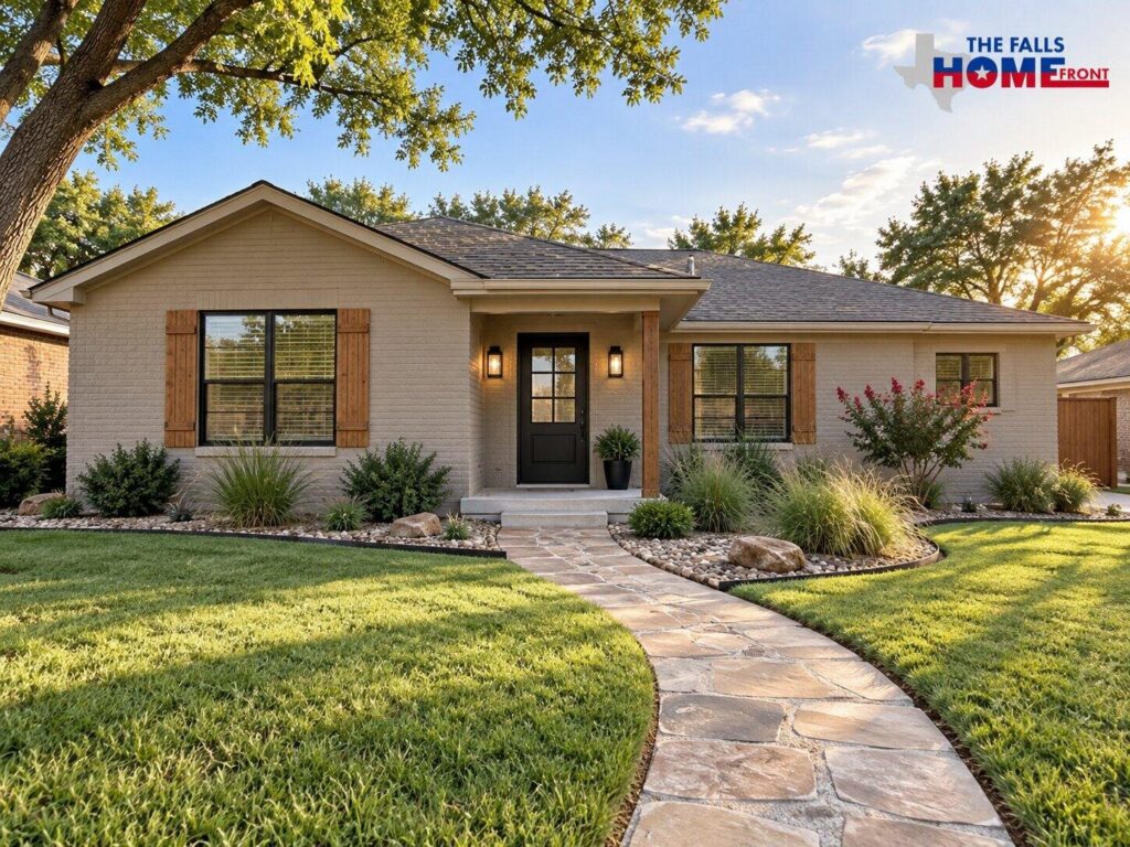 Freshly renovated house exterior with updated siding, entry door, and landscaping