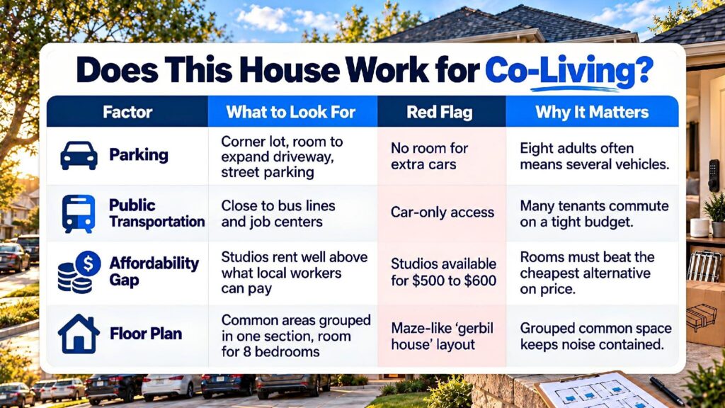 Co-living property checklist for parking, transit, affordability, and floor plan